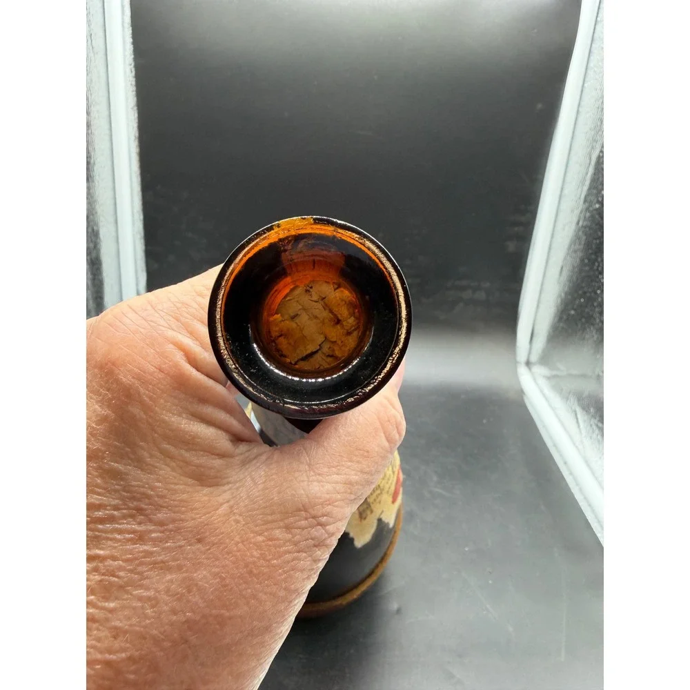 Vintage George Dickel Tennessee Whisky Powder Horn Amber Glass Bottle Leather